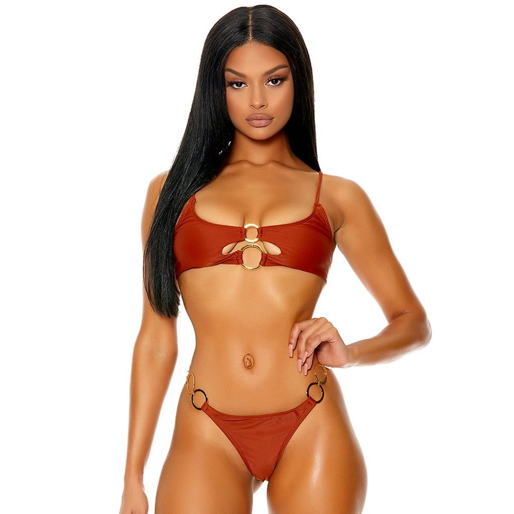 Sporty Bikini Set with O Ring Accents - Rust